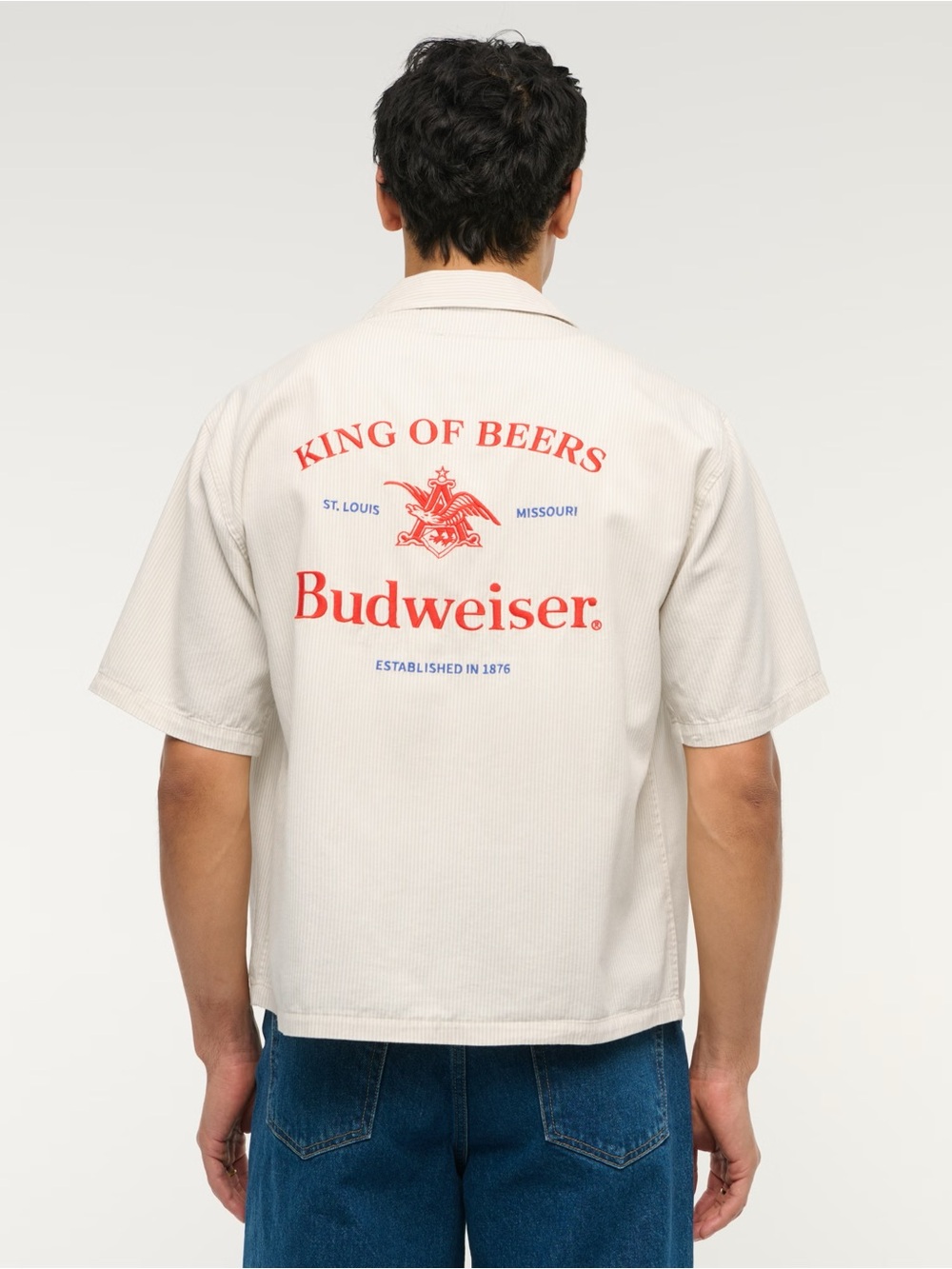 Abercrombie & Fitch Cream Short-Sleeve Button-Down with Red Budweiser Logo
